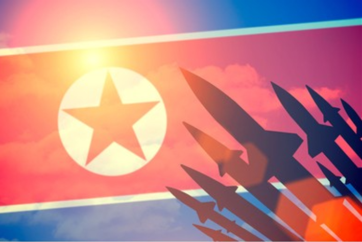 Image of DPRK flag with missile silhouette